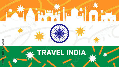 India landmarks skyline tourism concept national monuments Ashoka Chakra orange white green abstract background modern banner