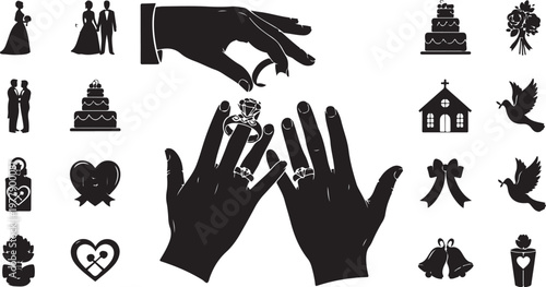 Wedding planning and marriage concept with hands and symbols
