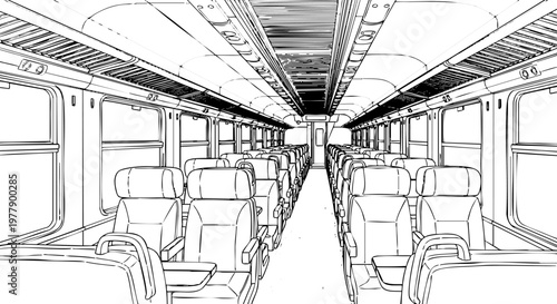 Inside view of an empty commuter train car illustration with unoccupied passenger seating design.
