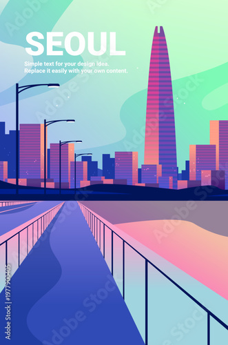 Seoul cityscape modern skyline tall tower river bridge colorful gradient background streetlights urban architecture travel destination
