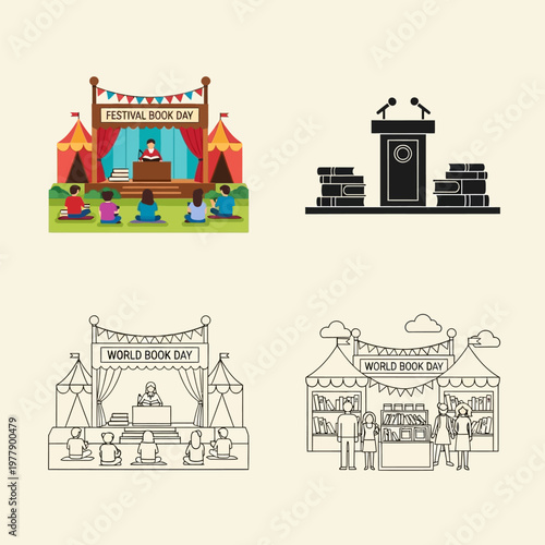 Festival book day celebration with people reading and books on stage and shelves  world book day event with kids and adults