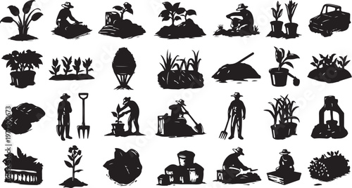 Agricultural Silhouette Icons for Farming and Gardening Activities