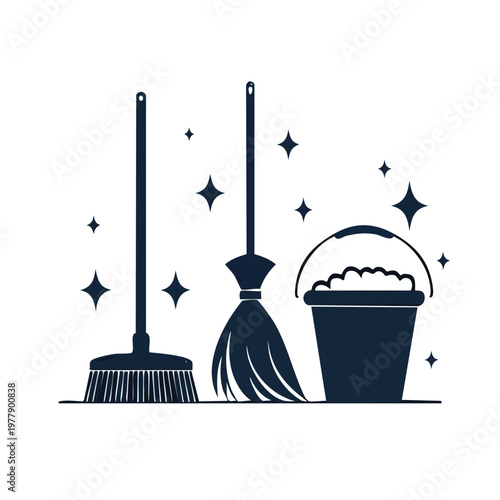 Monochrome silhouette illustration featuring two different brooms and a bucket filled with cleaning suds, surrounded by sparkling elements, black and white