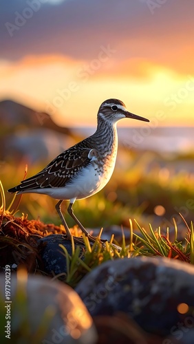 A shorebird stands in warm sunlight, grasses & rocks in the foreground, with the ocean & orange-hued sky