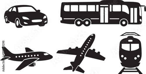 Transportation modes icons set for travel and commute purposes