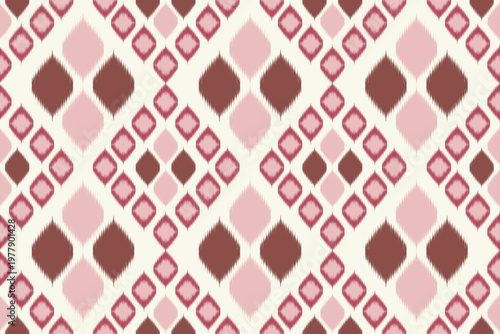 A sophisticated seamless vector pattern featuring a complex ikat grid design. The composition combines large and small diamond shapes with the signature feathered "blurry" 