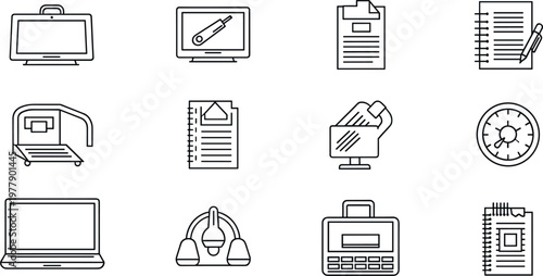 Office and document management line icon set featuring computer files notebook printing security and workplace productivity symbols for business use