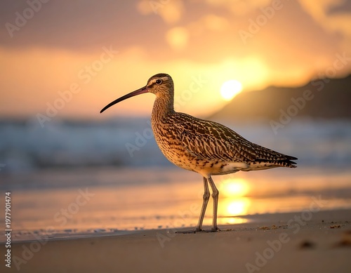 A shorebird stands on a sandy beach during a vibrant sunset. The bird has a long curved beak and is silhouetted