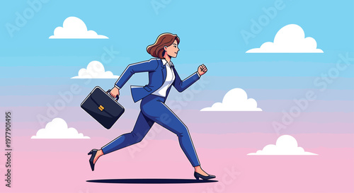 Businesswoman Running with Briefcase under Cloudy Sky