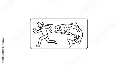 Man Running Away From Giant Angry Fish, Danger, Fear, Chase, Escape, Food Chain Concept