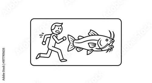 Man Running Away from Giant Catfish, Fear, Danger, Escape, Fishing Humor