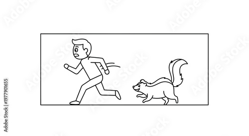 Man Running Away From Skunk, Fearful Reaction, Animal Chase, Cartoon Style