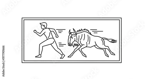 Man Running Away From Wildebeest, Danger, Chase, Escape, Wild Animal Attack