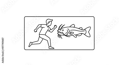 Man Running From Giant Catfish, Funny Fishing Concept, Cartoon Style