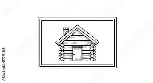 Hand-drawn sketch of a rustic log cabin with a chimney, framed in a double border.