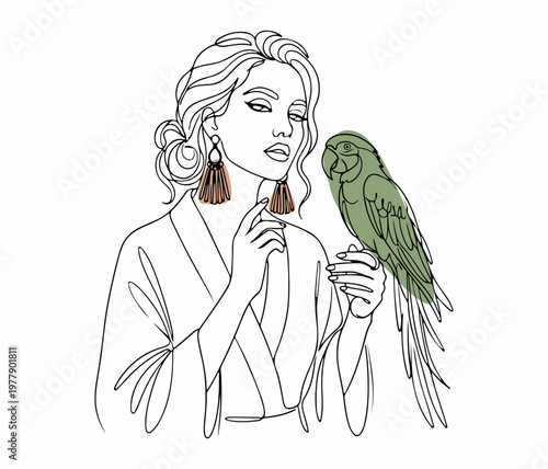 Minimalist sketch of a glamorous girl in a robe with a green macaw parrot, fashion illustration
