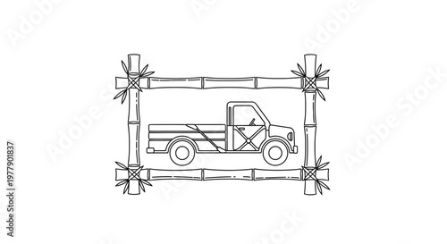 Hand-drawn sketch of a vintage pickup truck framed by bamboo poles, rustic transport illustration