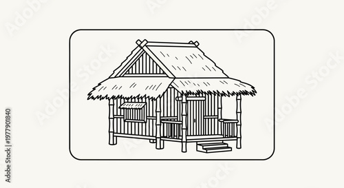 Hand-drawn sketch of a traditional stilt hut with thatched roof, bamboo walls, and steps.