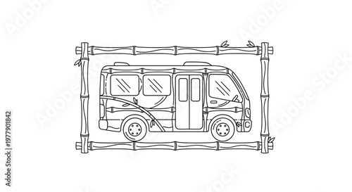 Hand-drawn sketch of a vintage minibus framed by bamboo poles, travel concept