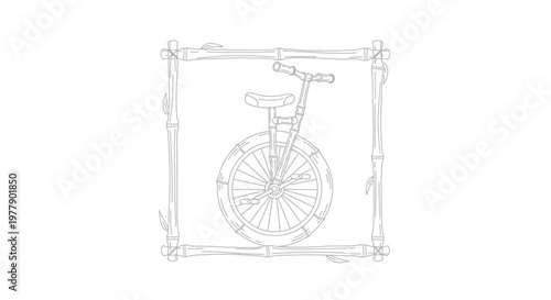 Hand-drawn unicycle framed by bamboo sticks, minimalist line art, vintage style