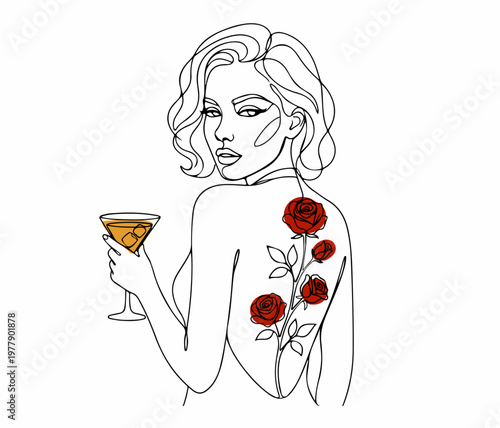 Seductive woman holding a martini glass with rose flower on her bare back, vector line art sketch