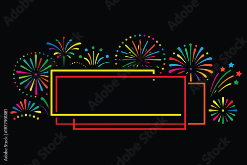A vibrant vector background frame adorned with colorful fireworks on its edges, combining playful bursts and artistic elements to create a festive and eye catching composition.