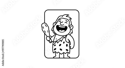 Happy Caveman Holding Club, Cartoon Character, Stone Age Man Icon