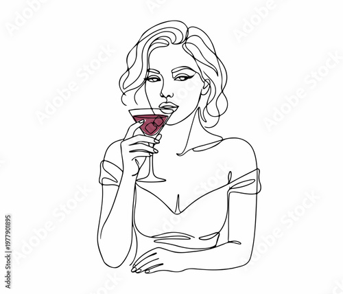 Minimalist line art illustration of a glamorous woman drinking cocktail on white background