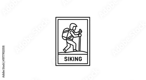 Hiking Icon: Silhouette of a Hiker with Backpack and Poles in a Frame