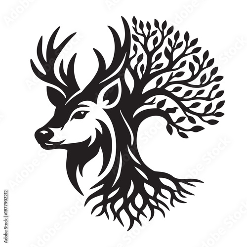 A creative vector art piece showing an abstract fusion of a deer head and a tree, with branching antlers, a strong trunk structure, and roots extending elegantly in natural harmony.