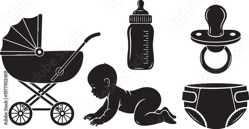 Baby Care Essentials Silhouette Vector Illustration Set