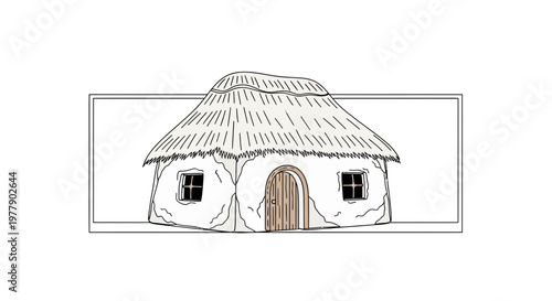 Hand-drawn illustration of a traditional thatched-roof hut with wooden door and windows