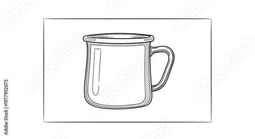 Hand-drawn sketch of a classic enamel camping mug with handle, isolated on white background.