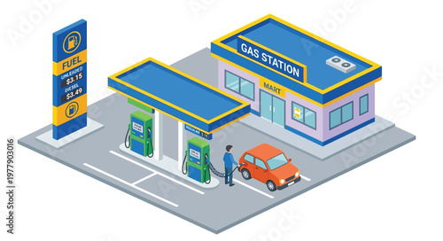 Isometric illustration of a gas station with fuel prices and a convenience mart