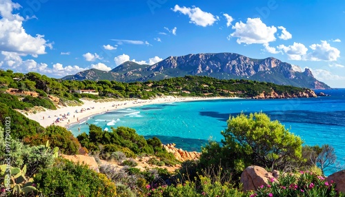 Stunning scenic view of Capo Coda Cavallo beach in Sardinia Italy with turquoise sea