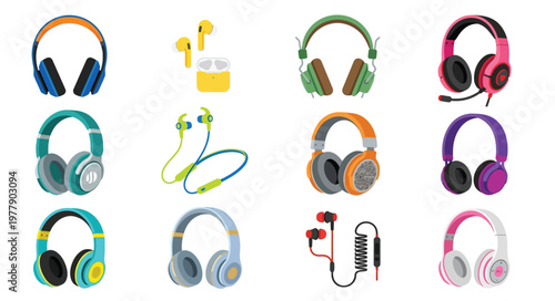 Collection of colorful wireless and wired headphones in various styles