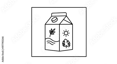 Eco-friendly milk carton with nature icons: sun, leaves, waves