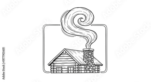 Cozy Log Cabin with Smoking Chimney, Rustic Winter Scene, Hand-Drawn Illustration