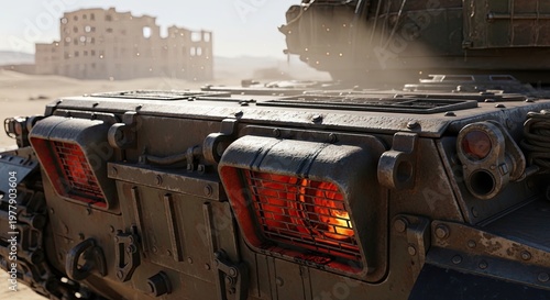 Military Tank in Desert Combat Zone.