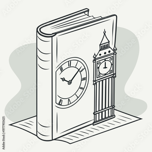 Vintage standing book with a clock face and big ben tower, representing historical knowledge, time, learning, and cultural heritage illustration.