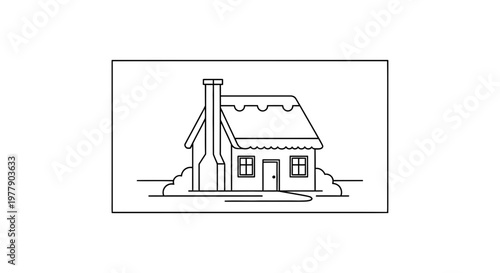 Cozy Thatched Roof Cottage with Chimney and Snow - Minimalist Line Art