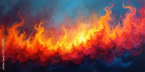 Bright burning flames of a hot fiery inferno dance with orange energy and red heat against an abstract black background by a fireplace