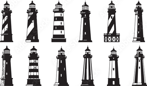 Collection of various lighthouse silhouettes in black and white