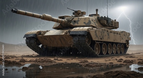 Military Tank in Desert Landscape with Stormy Sky.
