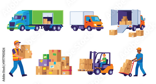 Delivery trucks workers and forklifts involved in package transportation