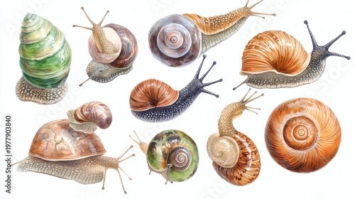 Watercolor illustrations of various colorful snails and shells on a white background, arranged as a collection.