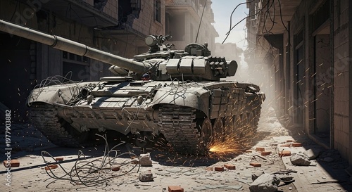 Military Tank in Urban Warfare Zone.