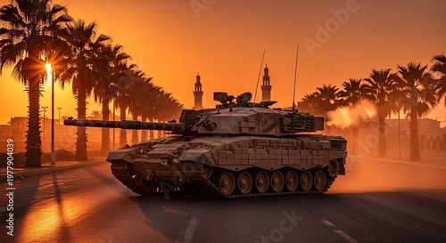 Military Tank on Road at Sunset.