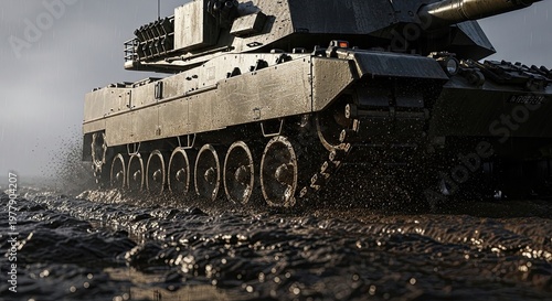 Military Tank on Rocky Terrain Warfare.