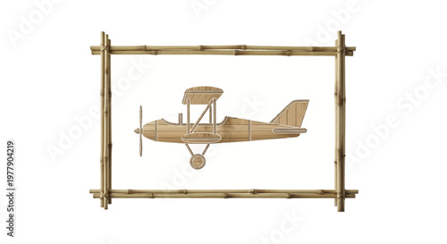 Bamboo Biplane Sculpture in Rustic Frame, Vintage Aircraft Art